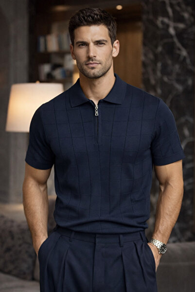 Maccali Чоловіча смугаста преміум-футболка з поло-коміром, темно-синя