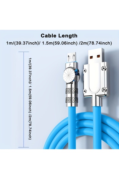 choice2 1.5m Blue 100W 3A Elbow 180° Micro USB Fast Charging Cable Liquid Sil...