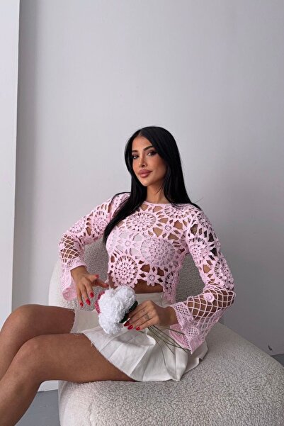 Auroveen Crop Boy Dantel Örgü Uzun Kollu Bluz AV2647