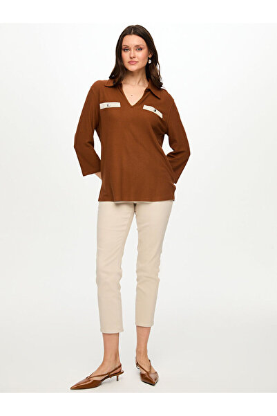 Faik Sönmez Kontrast Cep Detaylı 3/4 Kol Örme Bluz S26BLZ020