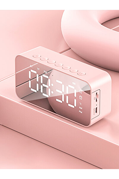 Choice1 مرآة مكتبية صغيرة وردية اللون مزودة بإضاءة LED رقمية، ساعة منبه، سماع...