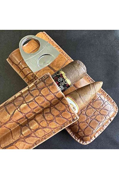 choice2 علبة سيجار بنية اللون بفتحتين مع قاطع سيجار، ملحقات سيجار محمولة للسف...