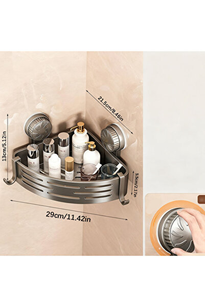 Choice سلة مثلثة الشكل مزودة بأكواب شفط بلاستيكية رمادية، رف تخزين للحمام، جد...