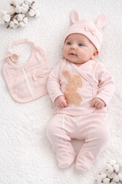 Pure Boutique Costumas bebe fetita 5 piese roz cu iepuras 0-3 luni set nou na...