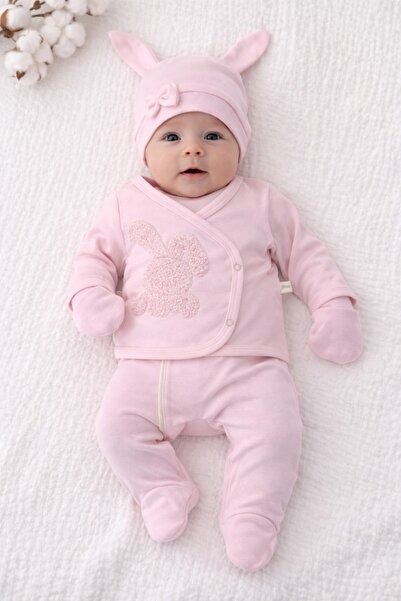 Pure Boutique Set nou nascut 5 piese roz cu iepuras pufos bumbac 0-3 luni cad...