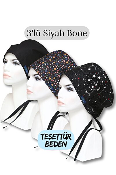 doktorbonem طقم بونيه أسود من 3 قطع مقاس كبير، بونيه أسود بلون واحد، بونيه أس...