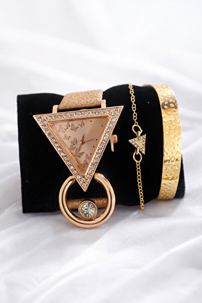 DeNors Rose Gold Triangle Women's Watch Bracelet Set |   Stylish Design 3-Pie...