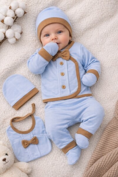 Pure Boutique Set bebelusi 5 piese bleu cu maro bumbac premium nou nascut 0-3...