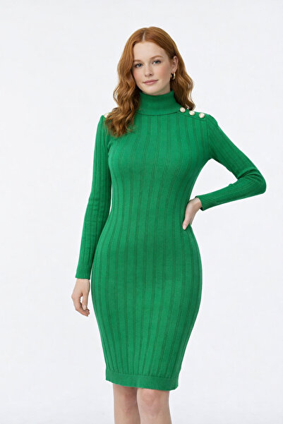 Neden Tekstil Shoulder Button Detailed Ribbed Knit Dress
