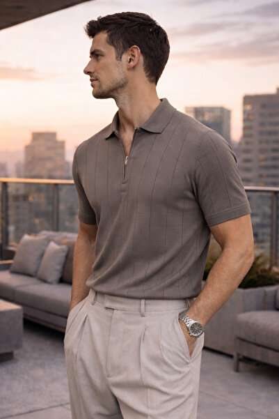 Maccali Men's Striped Premium Brown Knitwear Polo Neck T-Shirt