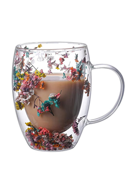 Choice كوب قهوة زجاجي شفاف مزدوج الجدار مزين بالزهور، سعة 300 مل، مصنوع من زج...