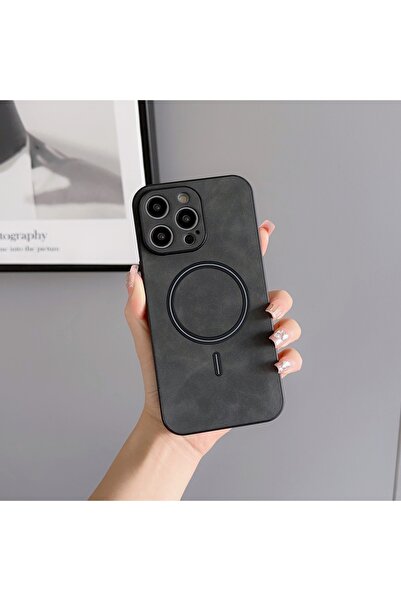 Choice91 جراب شحن لاسلكي مغناطيسي بتصميم كلاسيكي رمادي من جلد غير اللامع لهات...