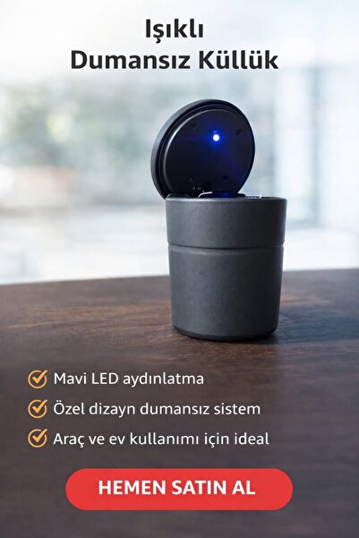 Carub Mavi LED Işıklı Dumansız Küllük – Özel Dizayn, Koku Engelleyici, Araç v...