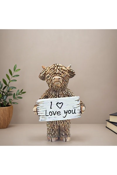 Choice تمثال بقرة هايلاند بنية اللون، بقرة هايلاند تحمل لافتة "أحبك"، هدية عي...