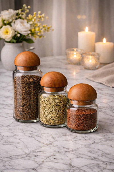 Pembelia Life 3’lü Ahşap Top Kapaklı Lüx Cam Kavanoz Seti Akasya Kapak Saklam...