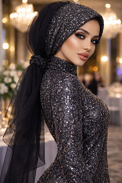 Aişe tesettür Siyah Antrasit Payetli Tokalı Bone