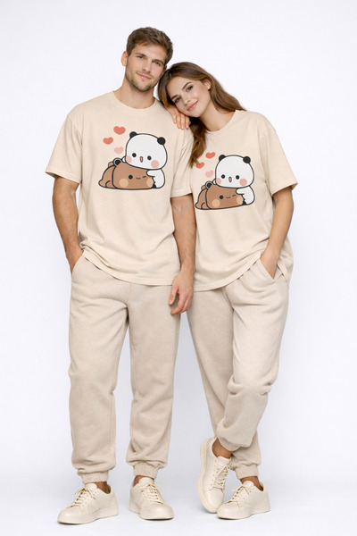 NEVERMIND Cute Panda Printed Lover's Combination Couple T-Shirt Oversize Unis...