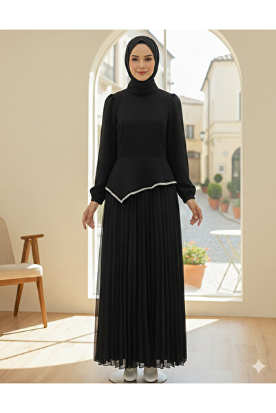 bellura Beli Asimetrik Kesim Taşlı Eteği Pliseli Elbise