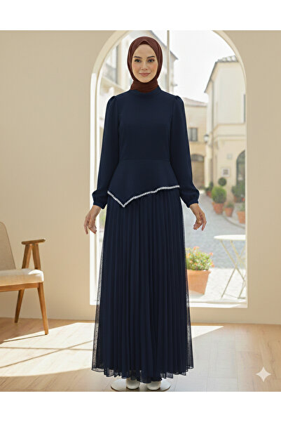 bellura Beli Asymmetrical Cut Stone Skirt Pleated Dress