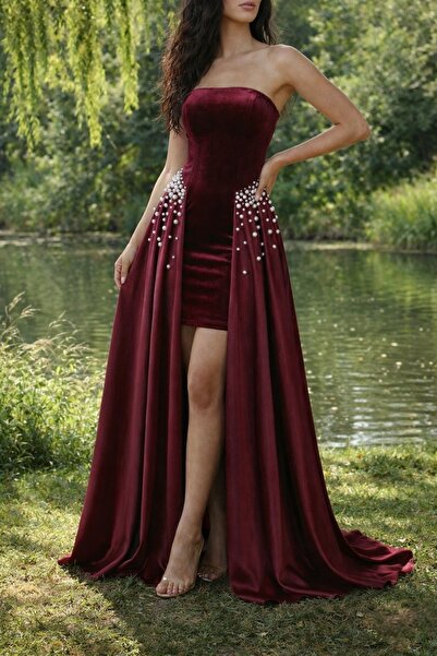 Milon Moda فستان سهرة بدون حمالات من المخمل والساتان والكريستال