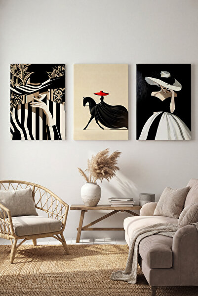 ART NEST DEKOR ŞAPKALI KADINLAR DESENLİ 3'LÜ CANVAS TABLO