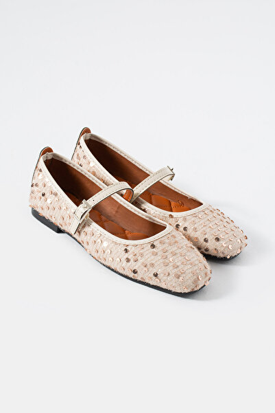 MUFUMA Bej Sim Detaylı Küt Burun Babet Ayakkabı