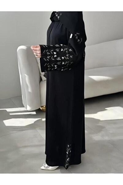 Lamsa Noura Abaya – A black royal Crepe abaya with luxurious embroidery on th...