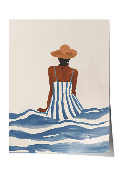 Zestia Poster premium cu femeie cu pălărie așezată pe mare, ilustrație temati...