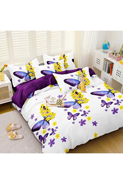 CumparaMisim Lenjerie pat dublu cu Elastic, bumbac satinat, Alb, Mov, fluturi