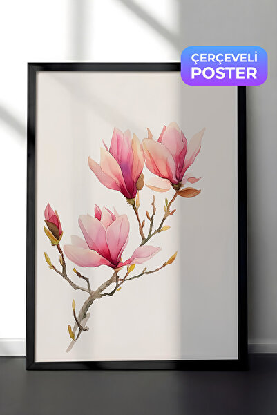 Zestia Crna uokvirena zidna slika, ružičaste grane magnolije, minimalna botan...