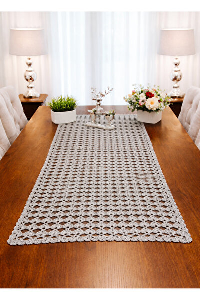 bysezerozer Runner Table Cover Handmade Gray Silvery Crochet Knitted Handcrafted
