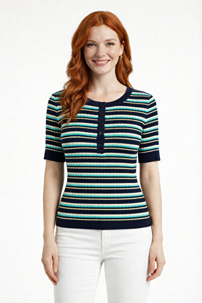 Neden Tekstil Colorful Striped Crew Neck Ribbed Knit Blouse