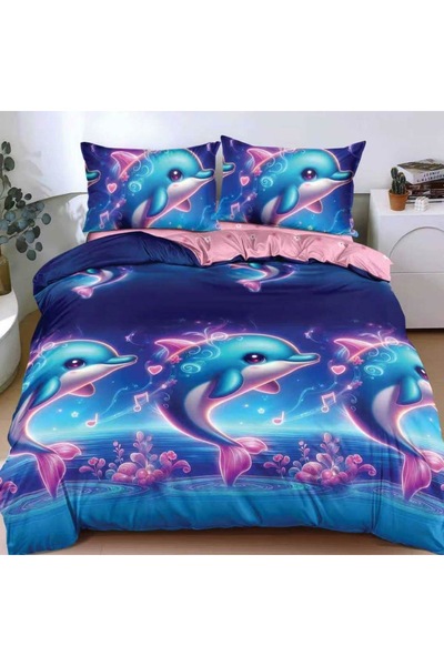 CumparaMisim Double bed linen with Stretchy, satin Cotton , Blue, dolphins
