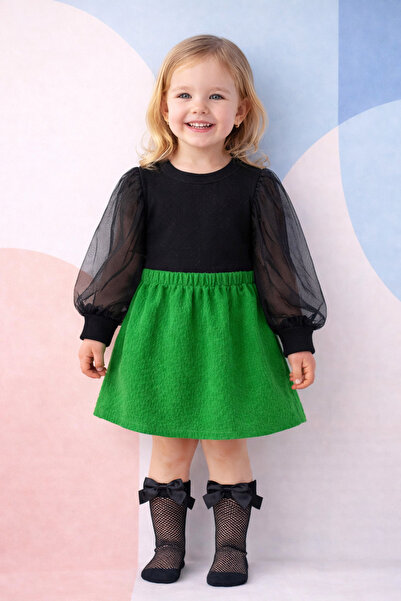 ues Set fustă elastică verde cu mâneci din tul negru pentru fete și set șoset...