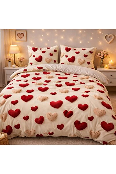 CumparaMisim Double bed linen with Stretchy, satin Cotton , Beige, hearts