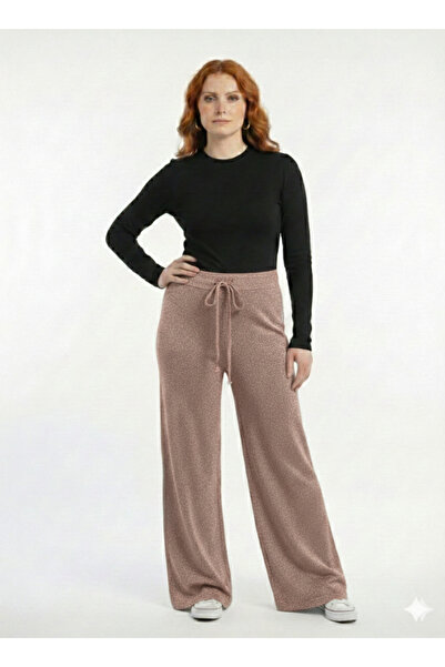 Neden Tekstil Women's Silvery Drawstring Slim Ribbed Wide Leg Knitted Trousers