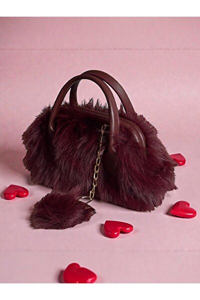 Goldies Bag Women's Burgundy Cherry Plush Bag with Charm Detail, Double Handl...