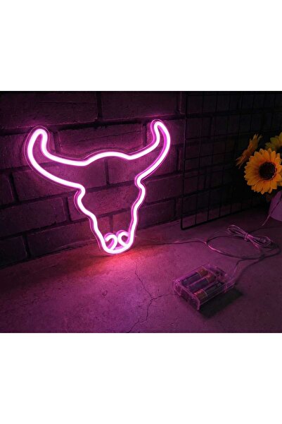 MKC STUDIO Dekoratif Pembe Boğa Başı Neon Led Işık - Pilli ve USB Kablolu Duv...