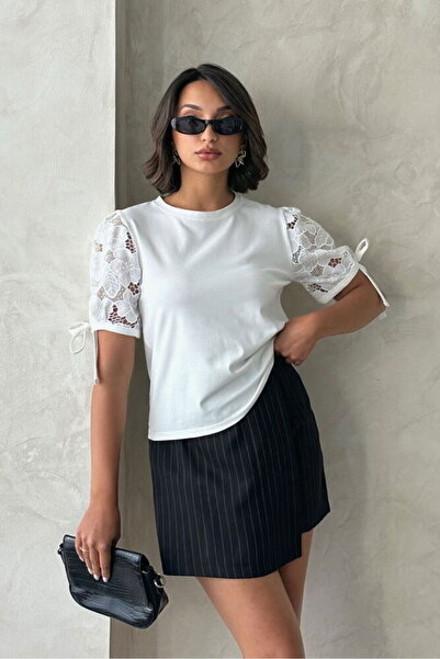 Caddebostan Moda Kadın Dantel Kol Detaylı Bağlamalı Bisiklet Yaka Şık Pamuklu...