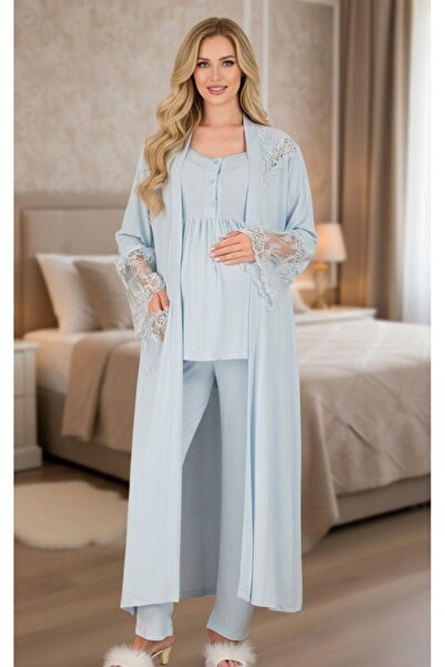 Lohussa New Season Blue Long Dressing Gown with Lace Special Design Summer Ma...