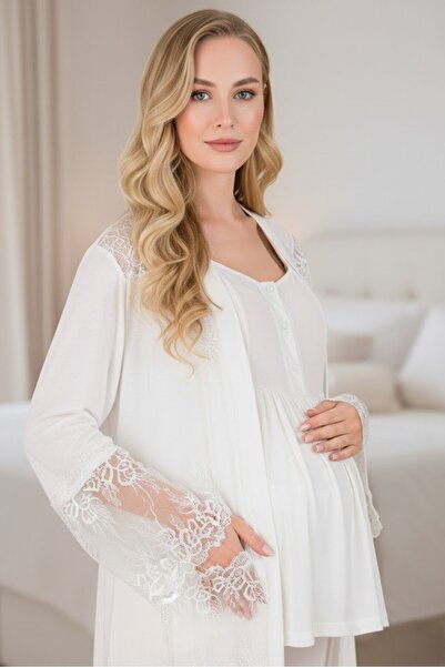 Lohussa New Season Ecru Long Robe with Lace Special Design Summer Maternity R...