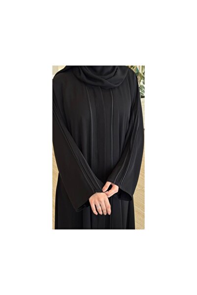 Lamsa Nada Linen Abaya - Elegant Black Abaya with Front Zipper and Soft Shoul...