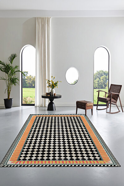 Fiesta Home Siyah Beyaz Damalı Kaymaz Taban Yıkanabilir Salon Halısı - Modern...