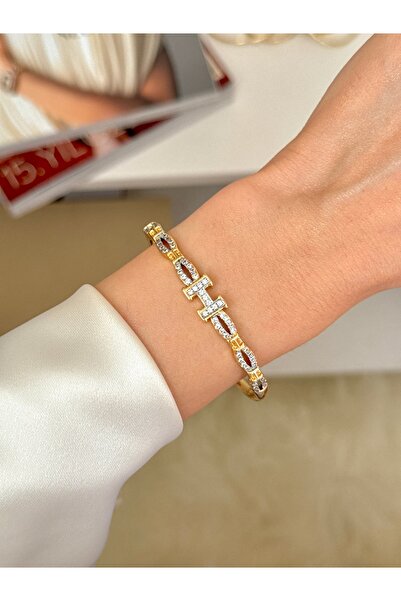YOUES JEWELRY 316L Çelik VIP SERİ 14K Altın Renk Minimal Taşlı Kelepçe Bilezi...