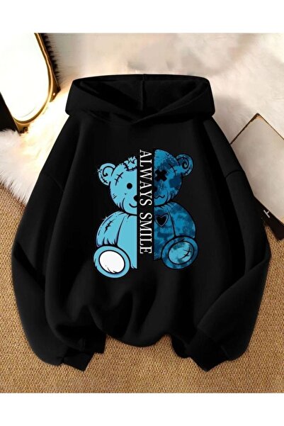 LELVANİ Always Smile Blue Bear Printed Hooded Sweatshirt