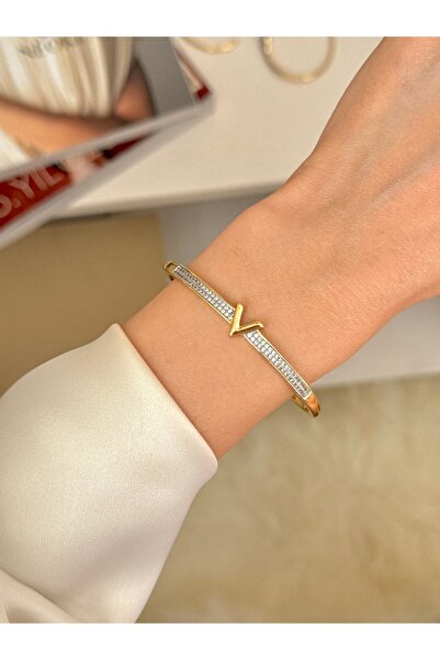 YOUES JEWELRY 316L Çelik VIP SERİ 14K Altın Renk Minimal Taşlı Kelepçe Bilezi...