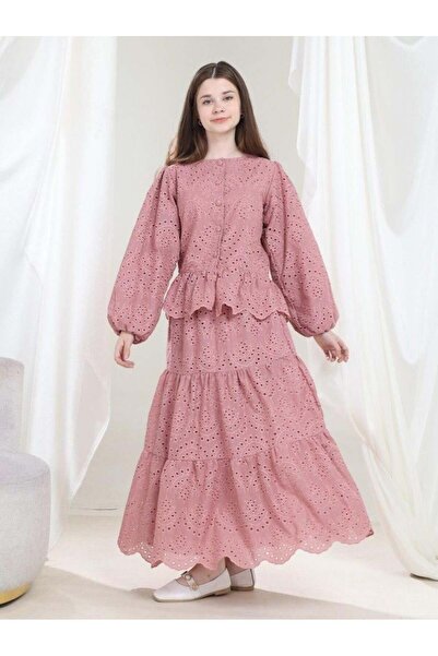 Giyinse Drope Kız Çocuk Etekli Takım Pembe - Tesettür Takım