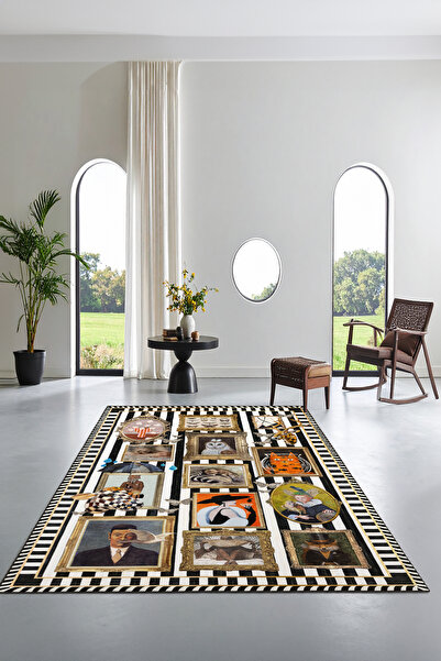 Fiesta Home Siyah Beyaz Çizgili Vintage Tablo Desenli Kaymaz Taban Yıkanabili...