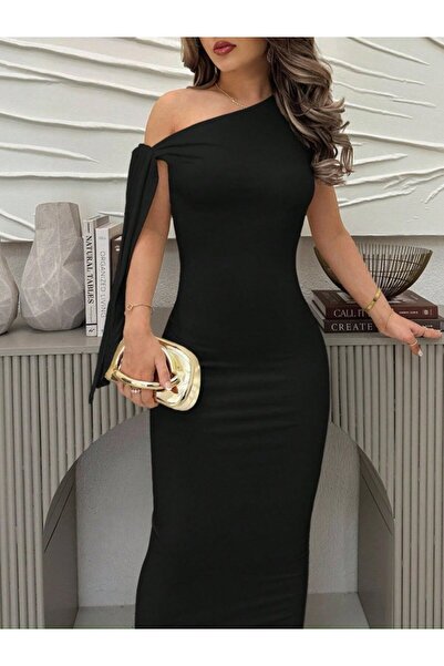 Monapera Tek Omzu Açık Maxi Abiye Elbise Krep Şık Davet Elbisesi