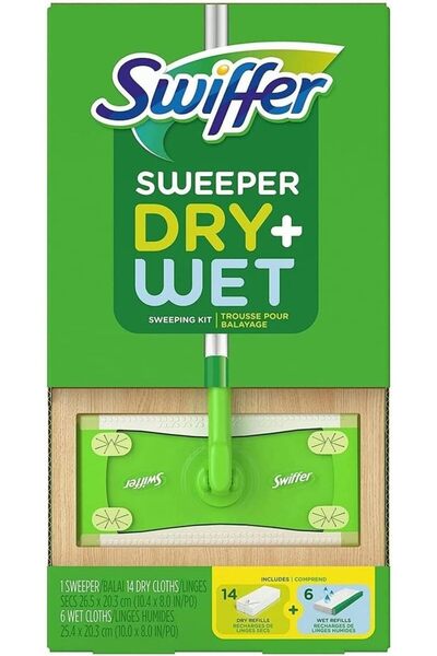 Swiffer طقم تنظيف الأرضيات الجاف والرطب من سويبر – مكنسة واحدة، 14 قطعة قماش ...